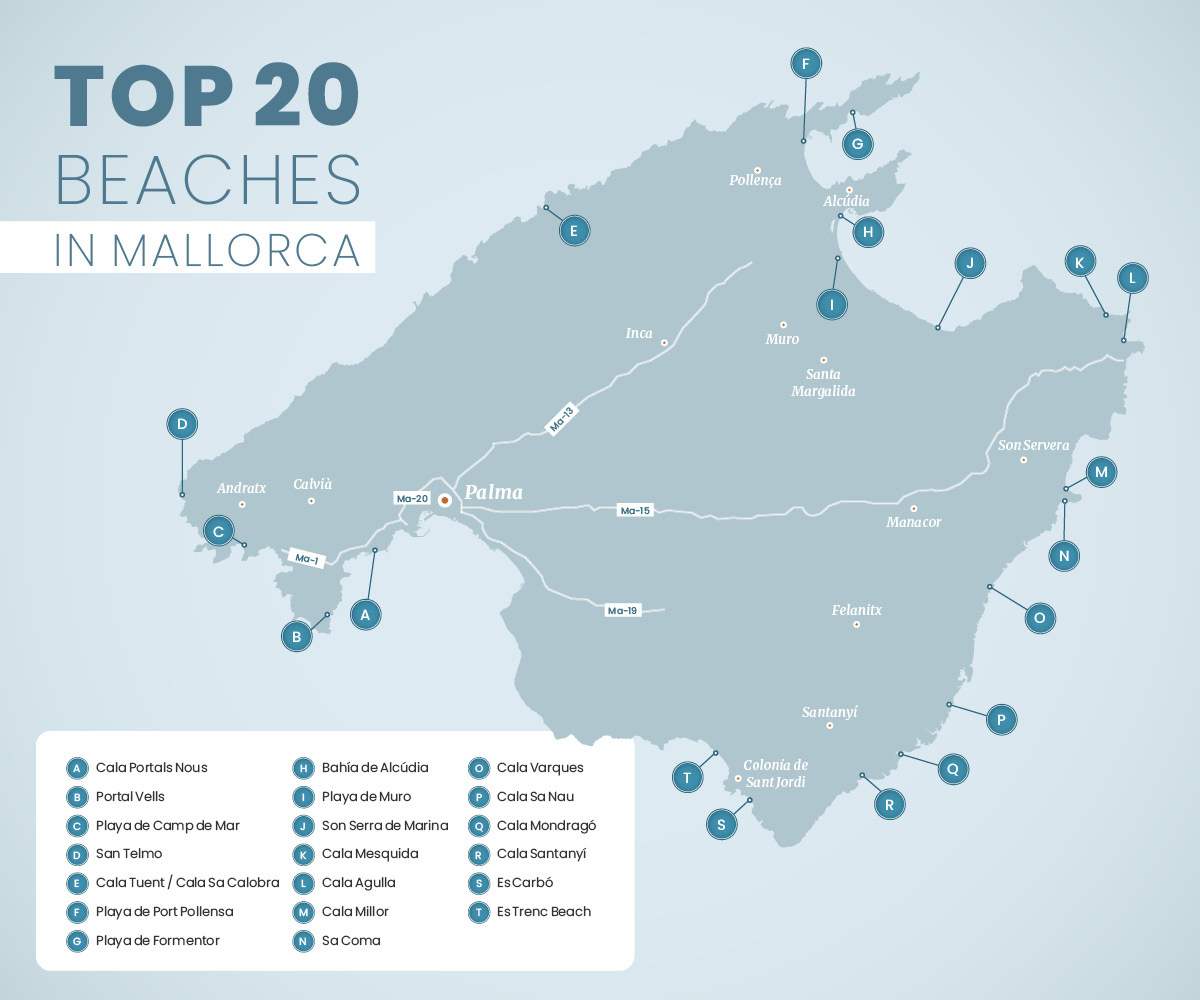 Map of Top 20 Beaches in Mallorca